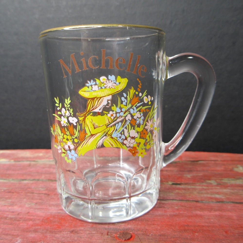 Vintage Michelle Name Glass Mini Mug Shot Glass Gold Rim Floral Woman